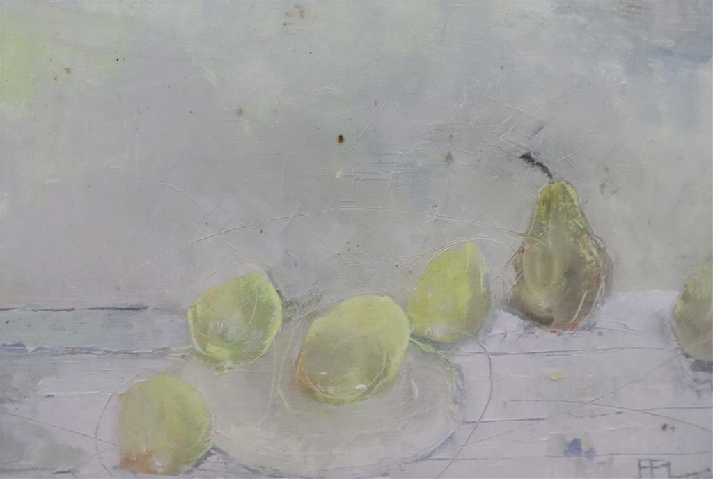 Ffiona Lewis (1964-), oil on board, Still life of pears, initialled, 12 x 18cm